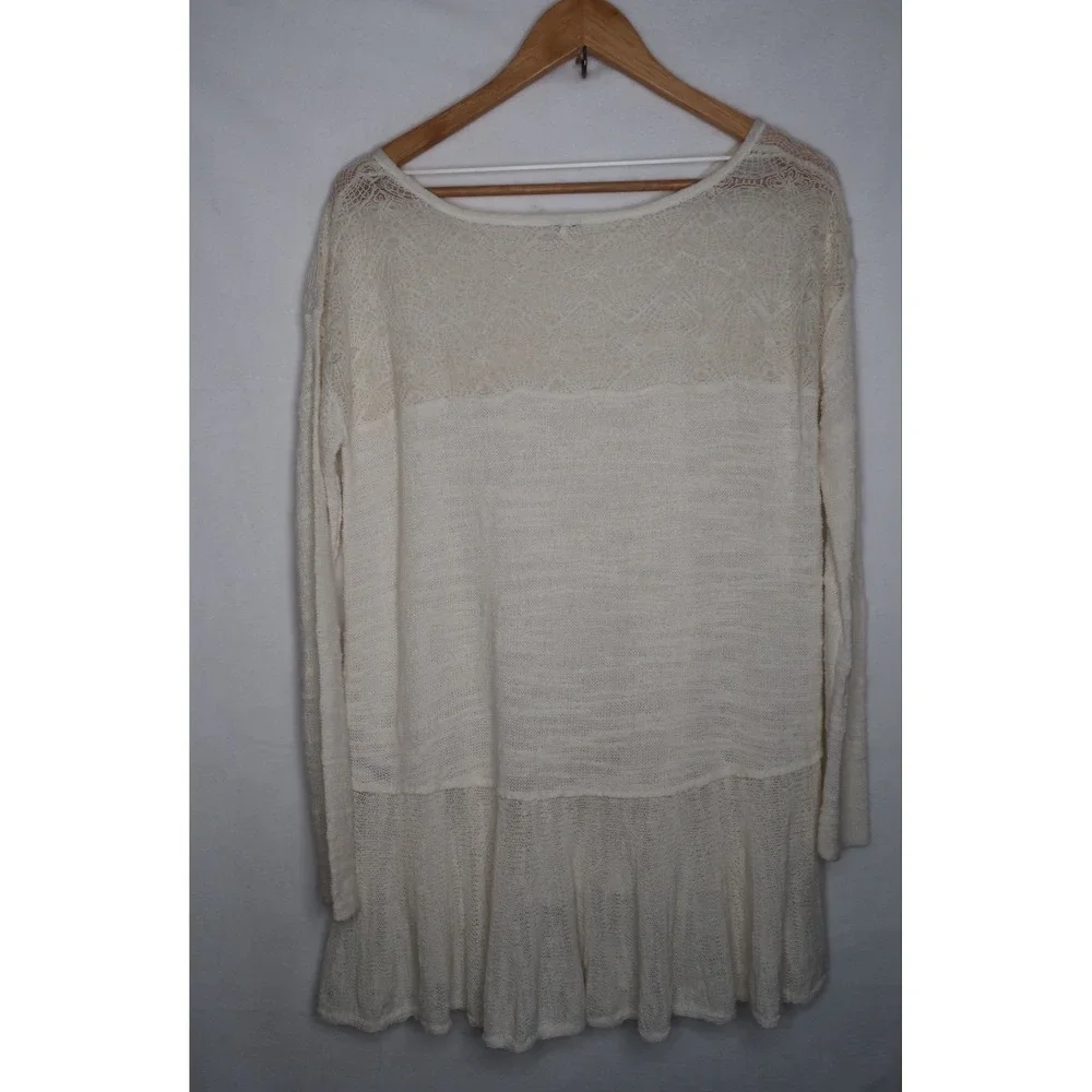Free People Lace Knit Tunic Sweater Women's S Cream Boho Flowy Coquette Top